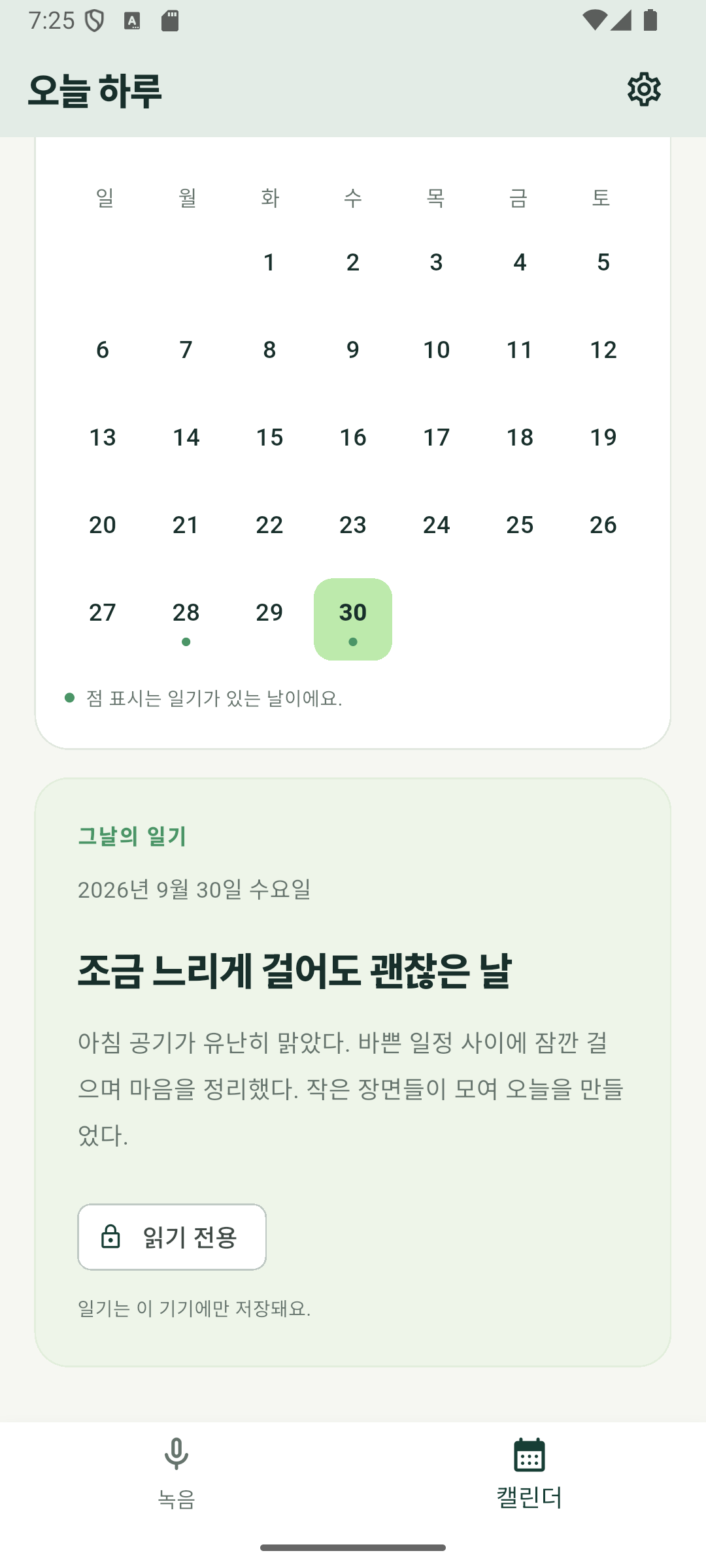 과거 날짜의 일기가 읽기 전용으로 표시된 화면.